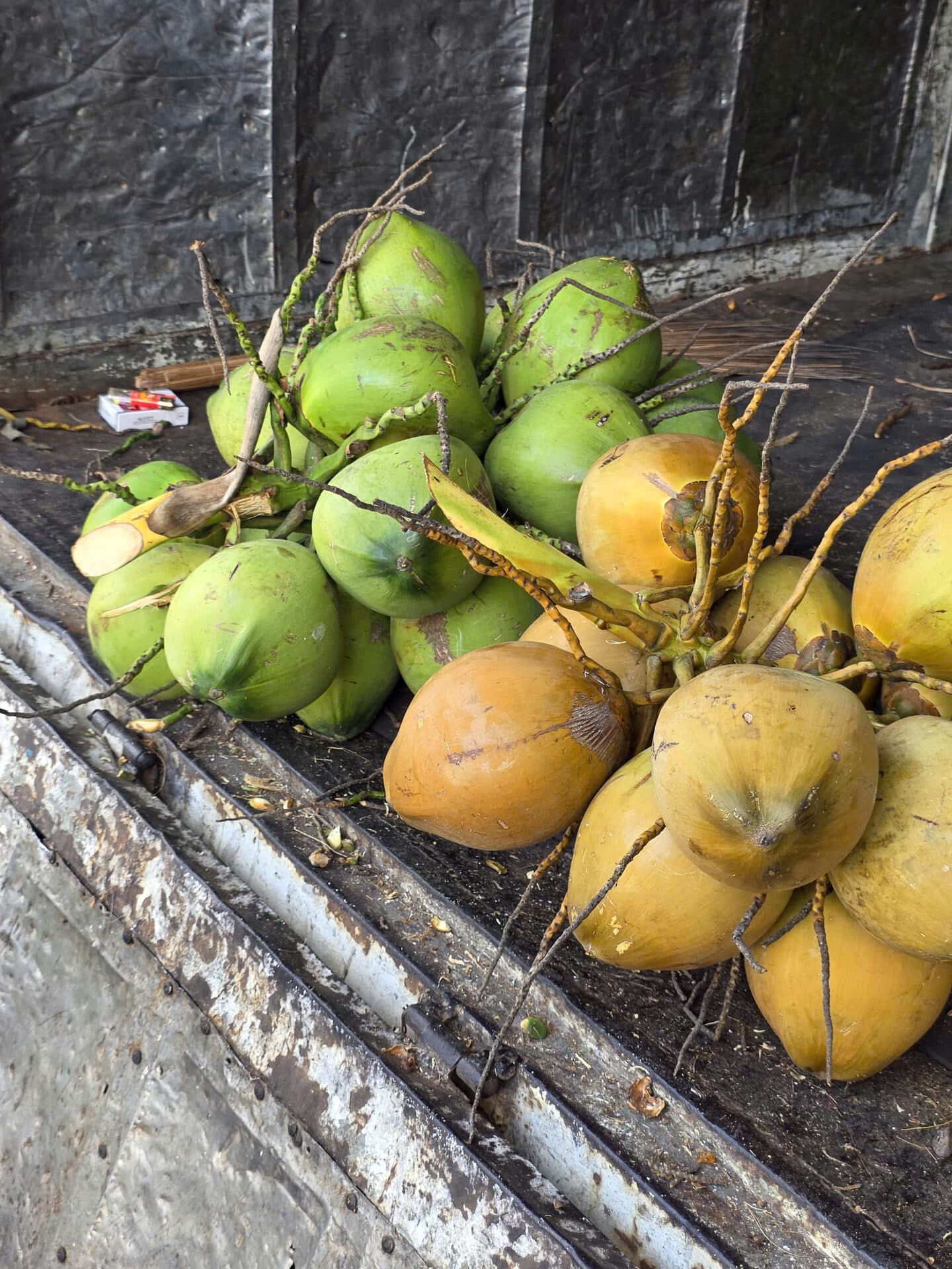 Dừa xiêm xanh và xiêm lửa đỏ so sánh màu sắc trên xe tải