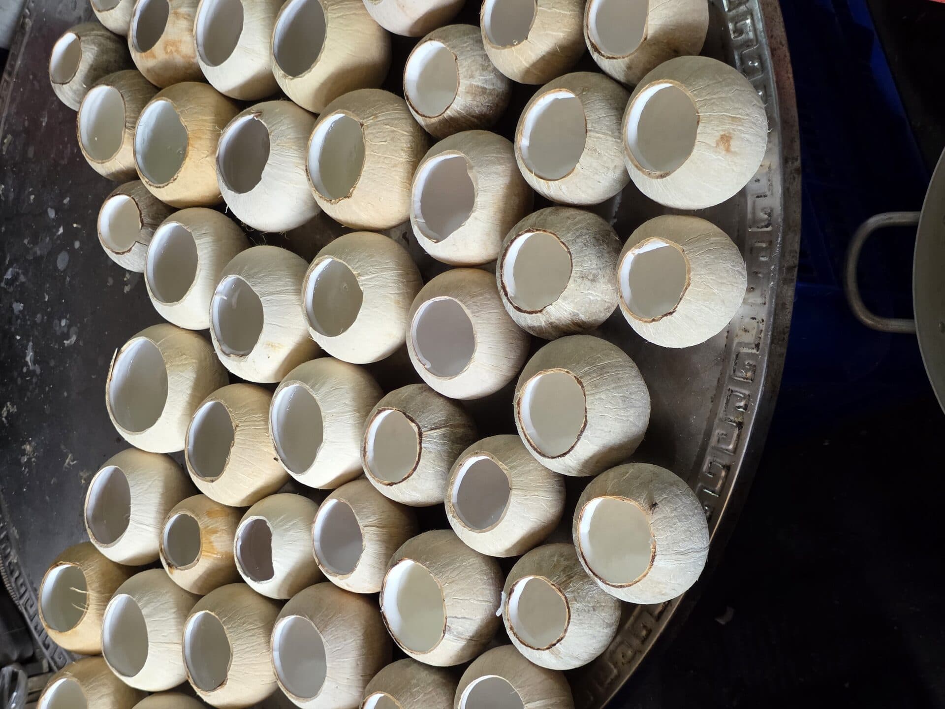 Dừa sọ hàng loạt xếp trên mâm tròn — vỏ trắng tự nhiên chưa tẩy