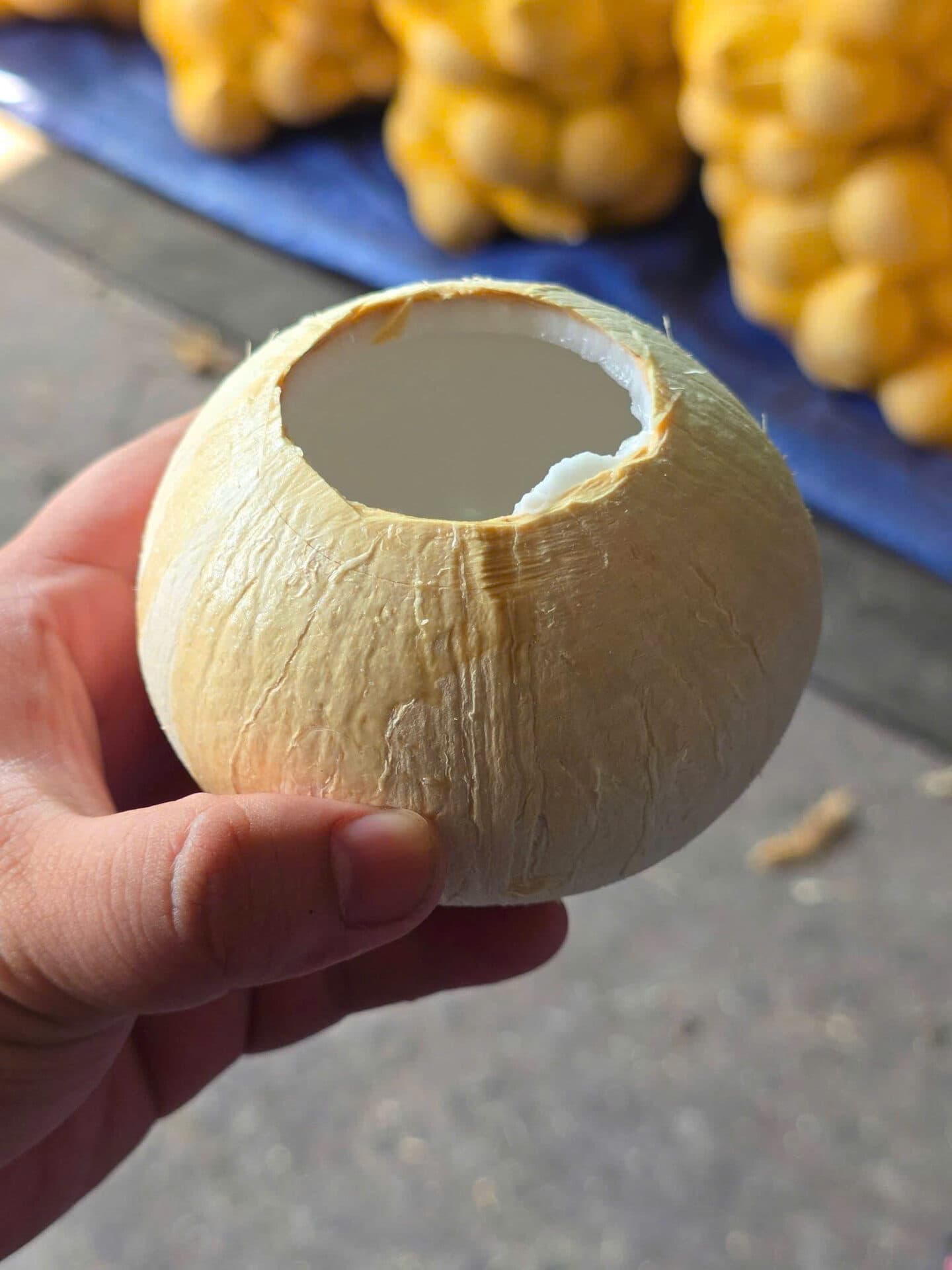 Dừa xiêm lửa khui nắp cận cảnh thấy nước trong vỏ đỏ cam đặc trưng